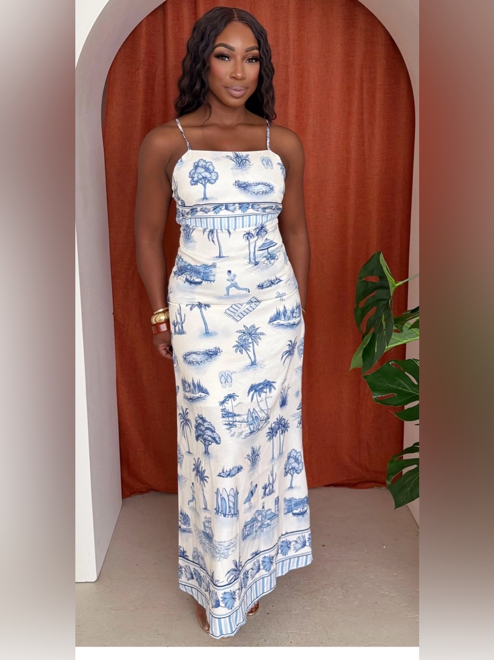 Blue Ocean Horizon Palm tree Resort Wear Maxi Dress size M NWT